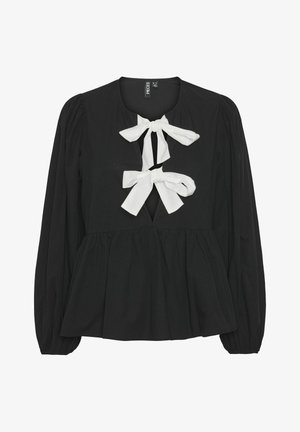 Top preto com um design plissado, apresentando mangas bufantes longas e dois laços brancos no decote. Tecido suave e detalhe de abertura na frente.