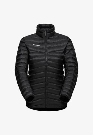 Schwarze Daunenjacke mit hohem Kragen, Reißverschluss und strukturiertem, gesteppte Design. Verfügt über elastische Bündchen und ein Logo auf der Brust.