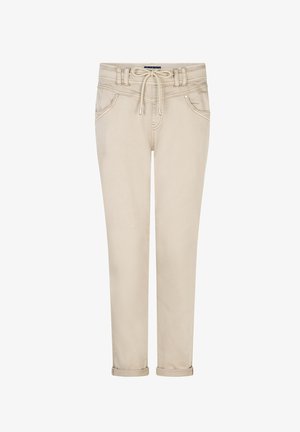 Beige afslappede bukser med snøre i taljen, frontlommer, bæltestropper og opbukket kant, designet til en afslappet pasform.