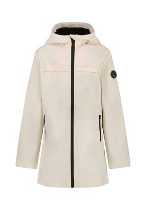 Lichtbeige regenjas met capuchon, zwarte ritssluiting en accenten, voorzien van twee zijzakken en een rond logo op de linker mouw.
