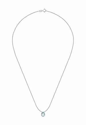 Silberne Kettenhalskette mit einem tropfenförmigen, hellblauen Schmuckstein-Anhänger, der eine polierte, glatte Oberfläche mit leichter Transluzenz zeigt.