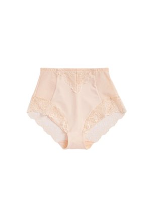 Beżowa damska bielizna z wysokim stanem, wykończona koronką w pasie i na otworach na nogi, z trójkątnym koronkowym detalem z przodu na środku.
