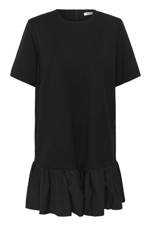 Čierne šaty s krátkym rukávom, okrúhlym výstrihom a volánovým lemom, so zipsom v zadnej časti.