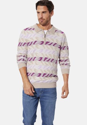 Beige sweater with purple and pink stripes, featuring a zip neckline and textured knit pattern. Ribbed cuffs and hem complete the design.