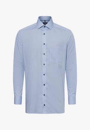 Lichtblauw hemd met lange mouwen en subtiele patroonstructuur. Voorzien van een kraag met knopen, zes knopen aan de voorkant en een borstzak.