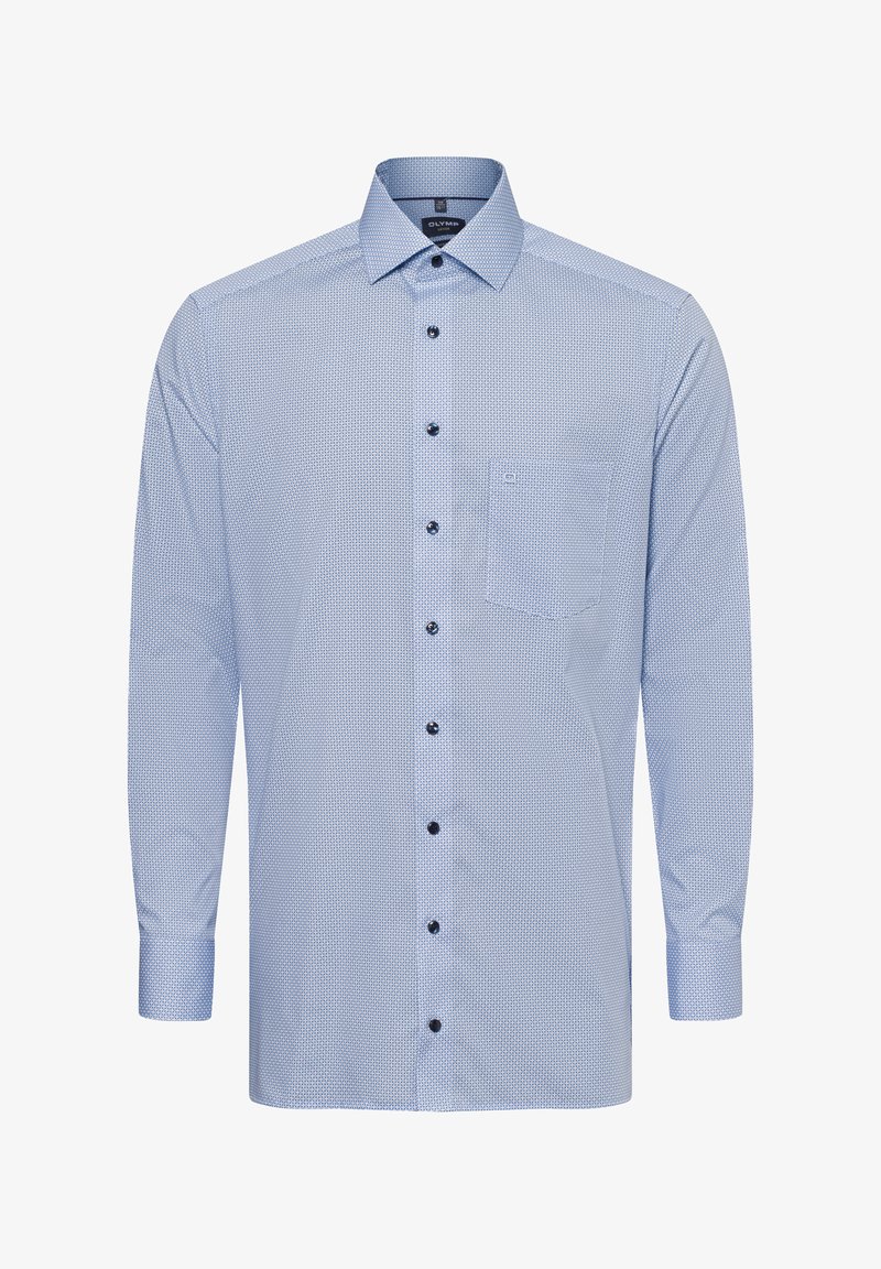 Lichtblauw hemd met lange mouwen en subtiele patroonstructuur. Voorzien van een kraag met knopen, zes knopen aan de voorkant en een borstzak.