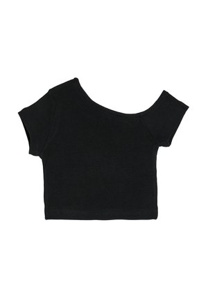 Top corto nero con maniche corte e scollatura asimmetrica. Realizzato in tessuto a coste con una texture liscia.