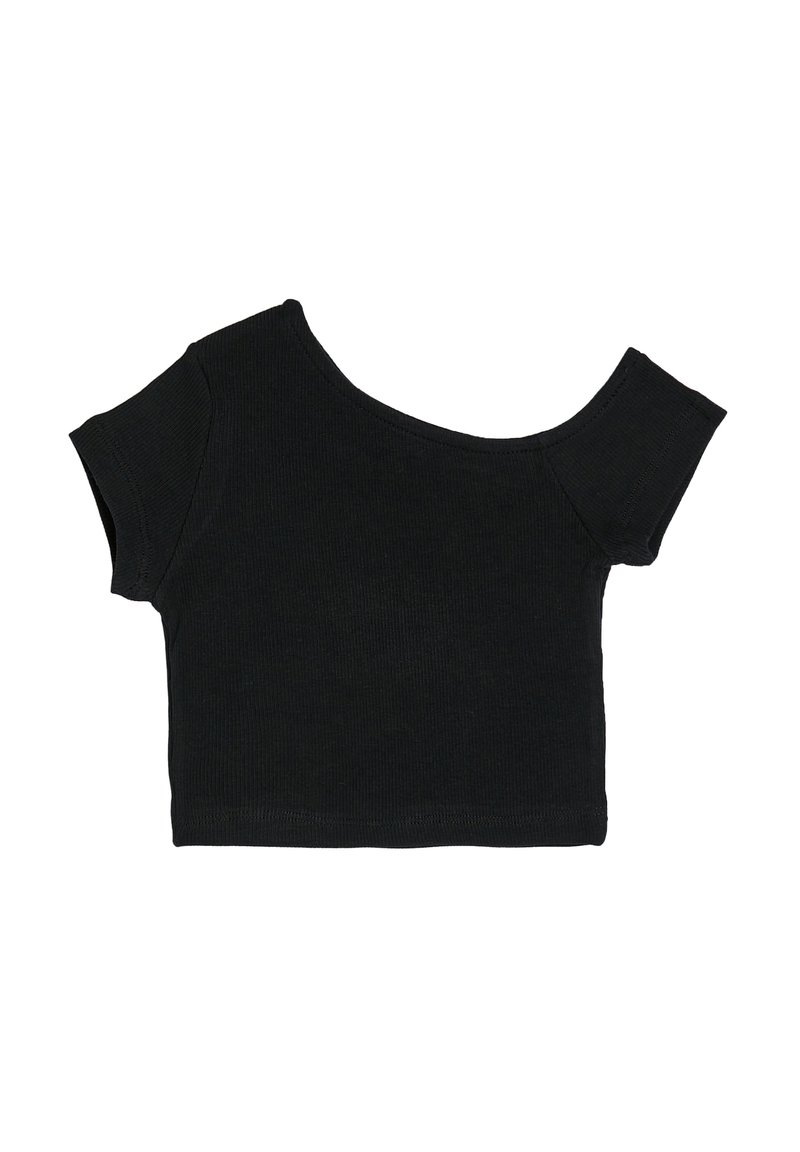 Sort cropped top med korte ærmer og en asymmetrisk halsudskæring. Fremstillet af ribbet stof med en glat tekstur.