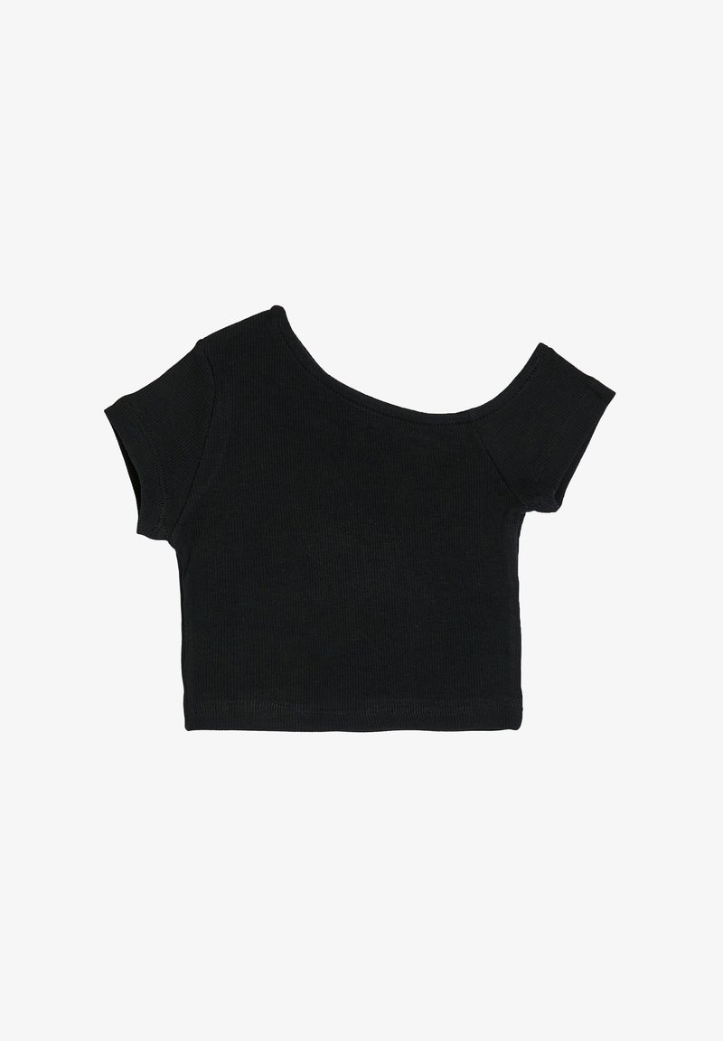 Sort cropped top med korte ærmer og en asymmetrisk halsudskæring. Fremstillet af ribbet stof med en glat tekstur.