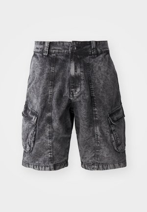 Black denim cargo shorts featuring a faded texture, two side pockets, and a button closure. Knee-length with reinforced stitching.