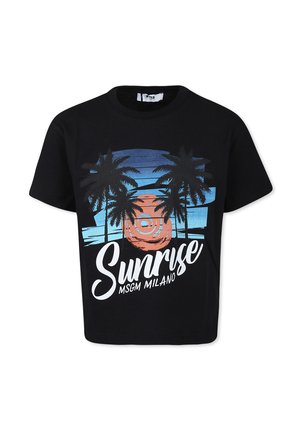 Zwarte katoenen t-shirt met een kleurrafische afbeelding van palmbomen en een opkomende zon. De tekst "Sunrise MSGM Milano" staat prominent in beeld.