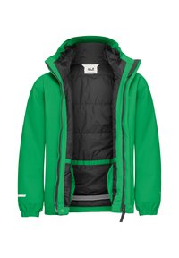 Grüne wasserdichte Jacke mit schwarzem Futter, Frontreißverschluss, verstellbaren Bündchen und seitlichen Taschen. Mit Kapuze und innerem Kordelzug.
