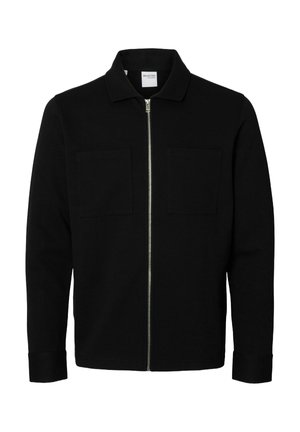 Black zip-up jacket made of a solid fabric with a collar, two front pockets, and buttoned cuffs. Smooth texture, minimalistic design.