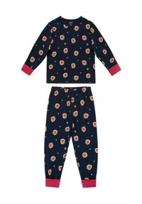 Pigiama navy composto da camicia a maniche lunghe e pantaloni, con vivaci motivi di fragole e stelle. Polsini rosa su maniche e pantaloni.