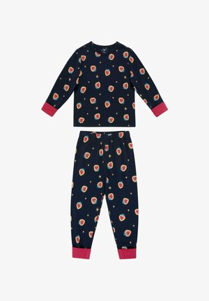 Pigiama navy composto da camicia a maniche lunghe e pantaloni, con vivaci motivi di fragole e stelle. Polsini rosa su maniche e pantaloni.