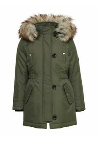 Grön parkas med fuskpäls vid huvan, med dragkedja och knappstängning, sidofickor, justerbar midja och en slät, vattentät yta.