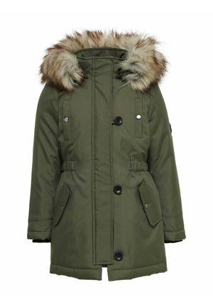 Grön parkas med fuskpäls vid huvan, med dragkedja och knappstängning, sidofickor, justerbar midja och en slät, vattentät yta.