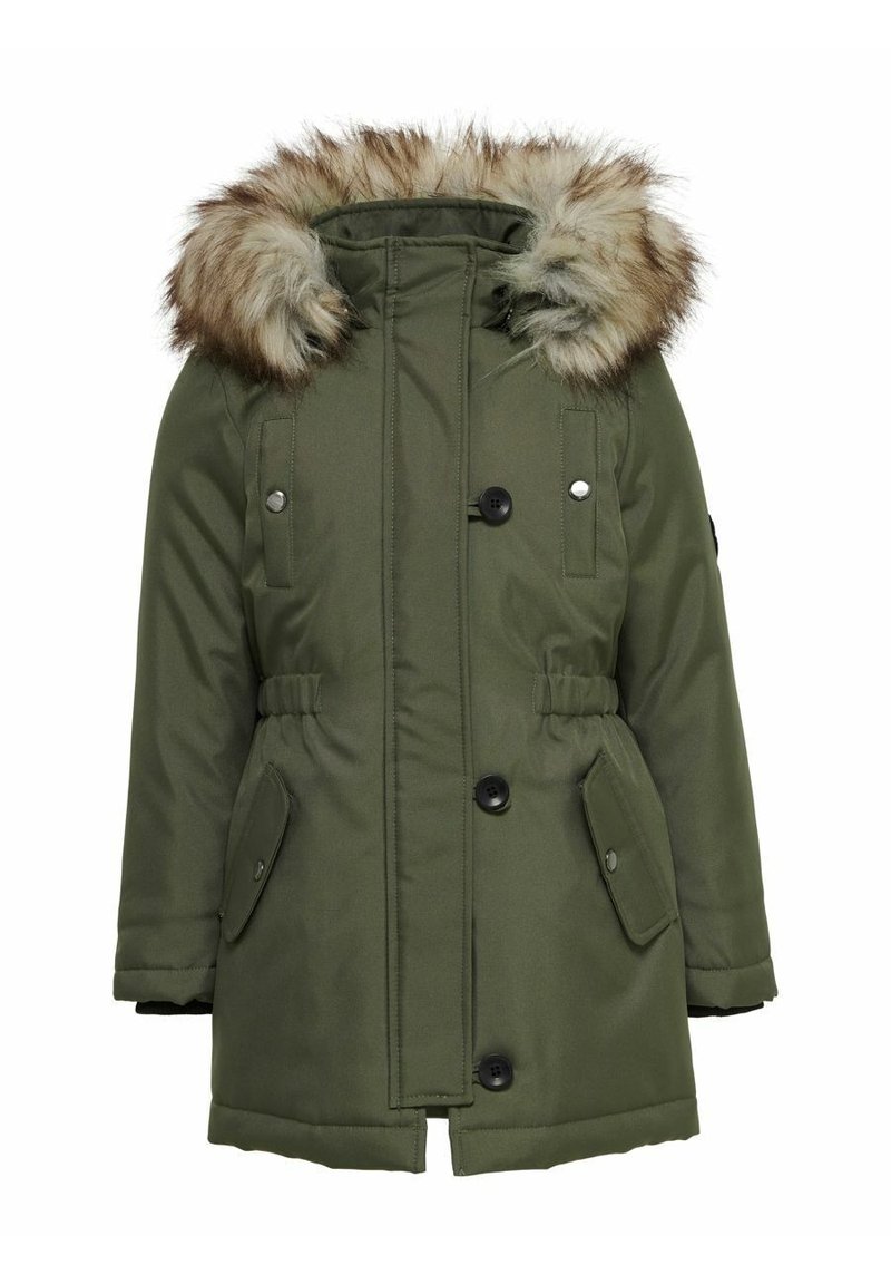 Grön parkas med fuskpäls vid huvan, med dragkedja och knappstängning, sidofickor, justerbar midja och en slät, vattentät yta.