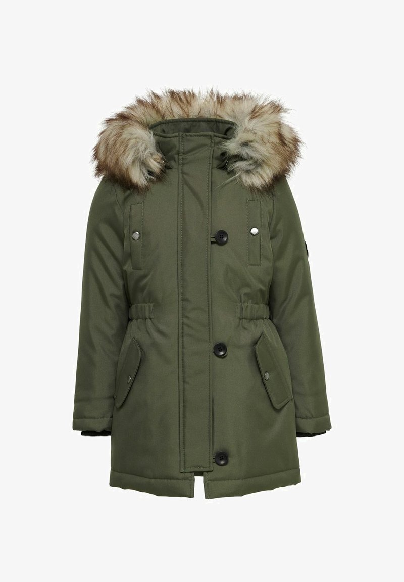 Groene parka met nep bontkraag, voorzien van een ritssluiting en knoopsluiting, zijzakken, een verstelbare taille en een gladde, waterproof textuur.