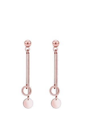 Rose gold drop earrings with a ball stud, dual chains, a ring, and a small round disc pendant at the bottom.