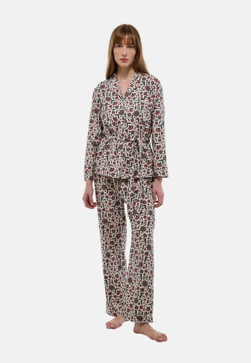 Ensemble de pyjama à motif floral en tissu léger, comprenant un col, des manches longues et une taille nouée, avec un pantalon à jambes larges.