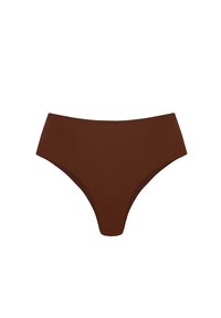 Brązowe majtki typu bikini o wysokim stanie, wykonane z gładkiego, teksturowanego materiału. Projekt charakteryzuje się klasycznym i minimalistycznym krojem oraz bezszwowym wykończeniem.