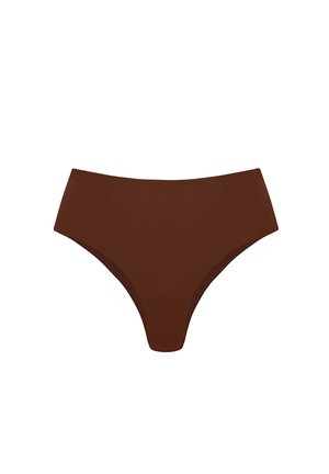 Brązowe majtki typu bikini o wysokim stanie, wykonane z gładkiego, teksturowanego materiału. Projekt charakteryzuje się klasycznym i minimalistycznym krojem oraz bezszwowym wykończeniem.