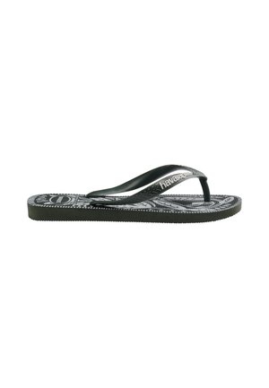 Czarno-białe japonki Havaianas z wzorzystą podeszwą i teksturowanym czarnym paskiem, widoczne z boku na białym tle.