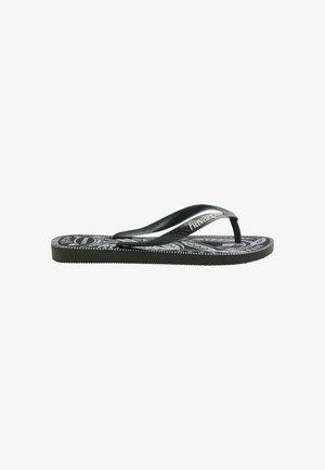 Tongs Havaianas noir et blanc avec semelle à motifs et bride noire texturée, vues de côté sur fond blanc.