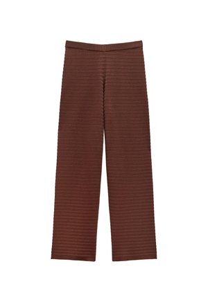 Brązowe, pasiaste spodnie typu wide-leg z teksturowanej tkaniny, z elastycznym pasem i luźnym krojem.