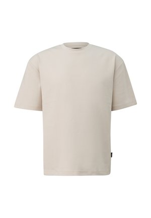 T-shirt beige clair à manches courtes en coton lisse, doté d'un col rond et d'une coupe décontractée. Étiquette de marque discrète sur le côté.