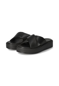 Schwarze Plateausandalen mit einem breiten, kreuzförmigen Design, weichem Ledertextur und einer stabilen Gummisohle für verbesserten Komfort.