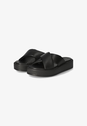 Sandales à plateforme noires avec un large design à croisillons, texture en cuir doux et semelle en caoutchouc solide pour un confort accru.