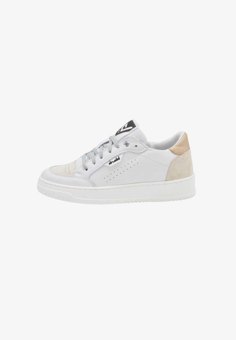White leather sneaker with grey laces and suede accents. Features perforated detailing and a white rubber sole. Black logo tag on tongue.