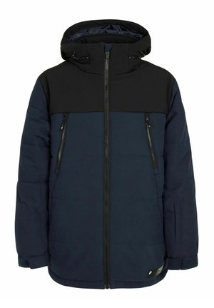 Veste doudoune navy avec un panneau supérieur noir, capuche ajustable, fermeture à glissière à l'avant et poches latérales. Présente une texture matelassée et des poignets élastiques.