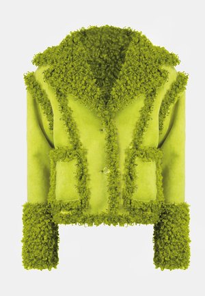 Giacca verde strutturata con un esterno peloso, colletto ampio e tasche a toppa. Presenta una chiusura con bottoni e maniche arricciate. Materiale morbido.