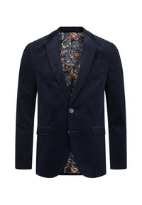 Blazer en velours côtelé marine avec un devant à un bouton, deux poches avant et un intérieur à motifs comprenant des designs floraux orange et bleu.