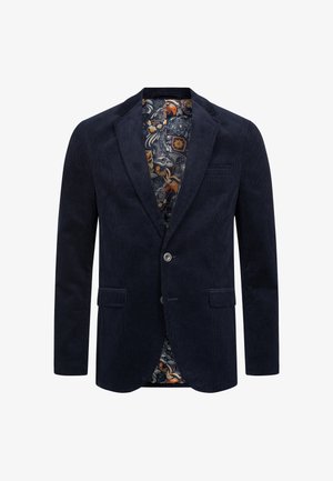 Marineblauwe corduroy blazer met een enkele knoopsluiting, twee voorzakken en een gevoerde binnenkant met een patroon van oranje en blauwe bloemen.