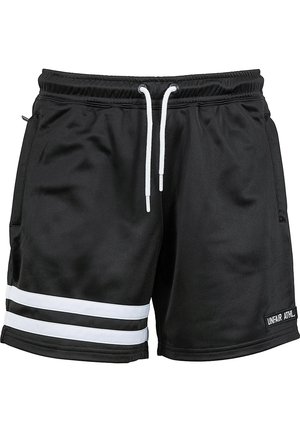 Schwarze Sportshorts aus glattem Stoff, mit weißen Streifen und Kordelzug. Enthält Seitentaschen und ein Etikett mit "UNFAIR ATHL."