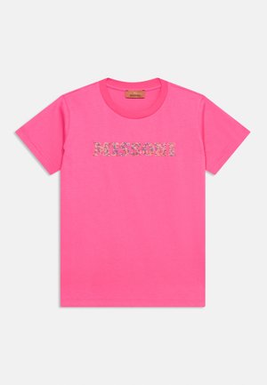 Bright pink short-sleeve t-shirt with M I S S O N I spelled out in colorful beads across the chest.