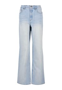 Ljust blå denim byxor med vida ben och hög midja, fem fickor och knäppning. Har en blekt textur och sydda sömmar.