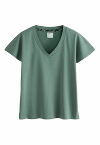 Mintroheline lühikeste varrukatega V-kaelusega T-särk, mis on valmistatud pehmest materjalist. Omab lõdvestunud lõiget ja sileda tekstuuriga, mustriteta.