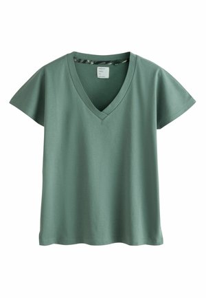 Miętowozielona koszulka z krótkim rękawem i dekoltem w serek, wykonana z miękkiego materiału. Charakteryzuje się luźnym krojem i gładką fakturą bez widocznych wzorów.