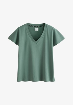 Tyrkysově zelené tričko s krátkými rukávy a výstřihem do V, vyrobené z měkkého materiálu. Má volný střih a hladkou texturu bez viditelných vzorů.