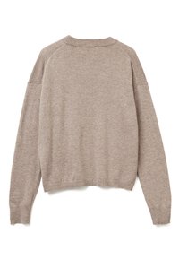 Jasnobrązowy sweter z dzianiny z okrągłym dekoltem, raglanowymi rękawami i prążkowanym dołem. Miękka faktura z gładkim wykończeniem.