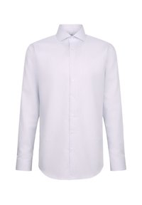 Lichtblauw overhemd met lange mouwen, voorzien van een fijn, herhalend patroon, knoopsluiting en een op maat gemaakte kraag. Soepele stof, gebogen zoom.