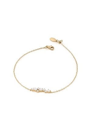 Bracelet en or comportant cinq cristaux transparents en forme d'étoile le long d'une chaîne délicate, avec une fermeture à fermoir crocodile et une longueur ajustable.