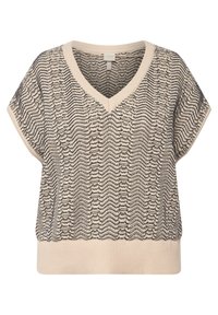 Stickad kortärmad tröja med V-ringning, med ett böljande mönster i svart och kräm. Mjuk textur och avslappnad passform.