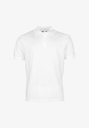 Biała koszulka polo z bawełny, z kołnierzykiem, krótkimi rękawami i zapięciem na trzy guziki. Gładka faktura, minimalistyczny design, brak wzorów.