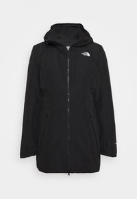 Giacca nera impermeabile con zip frontale, cappuccio regolabile, tasche laterali e logo The North Face sul petto. Texture liscia.